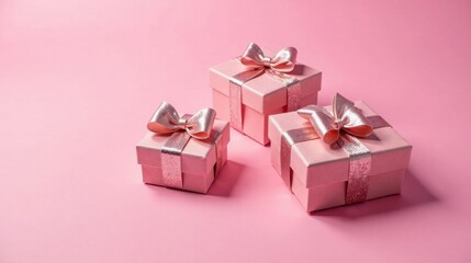 Elegant Pink Gift Boxes with Rose Gold Ribbons on a Pink Background