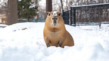 A capybara is joyfully exploring its snowy habitat during winter, its fur dusted with delicate snowflakes in a tranquil setting