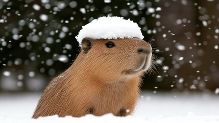 Capybara enjoys snowy winter day with snow cap while surrounded by falling snowflakes in a serene landscape