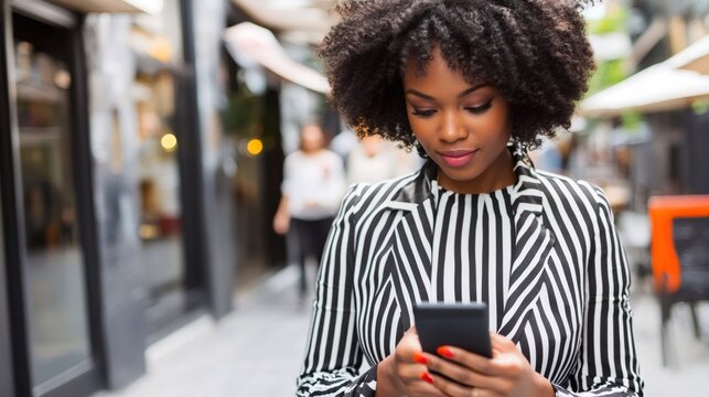 Stylish businesswoman using mobile phone while walking down the street