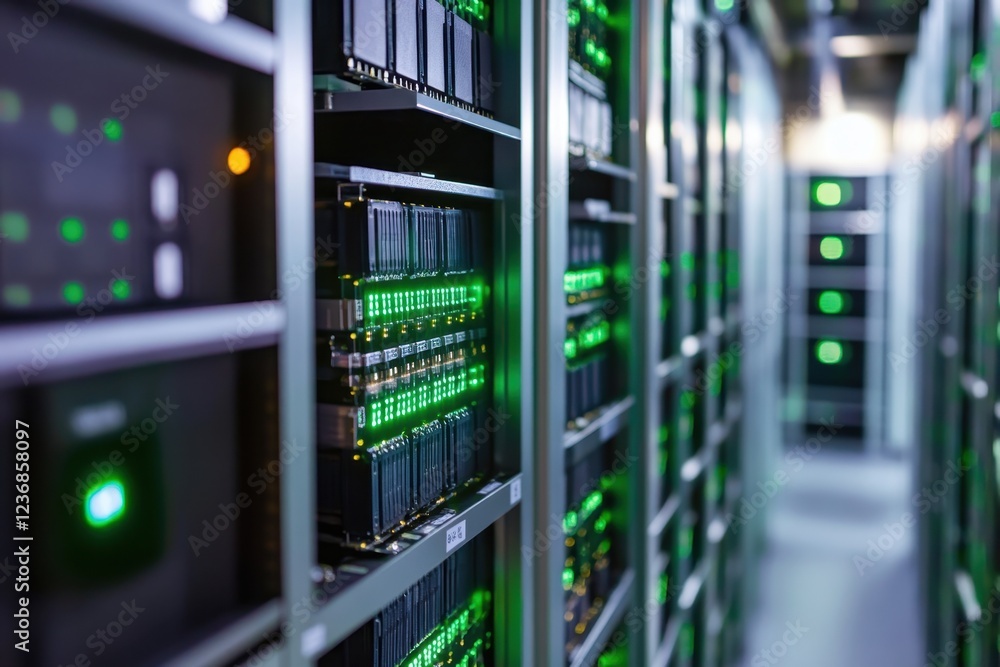 Poster high-tech server room with glowing green lights and data storage devices in operation