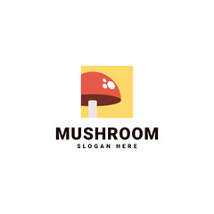 Bold mushroom logo inside a square background, in red and yellow. Perfect for food brands, restaurants, organic products, and farm logos. Simple, modern, and eye-catching design.