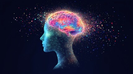 Human brain exploding with colorful particles representing creativity and ideas