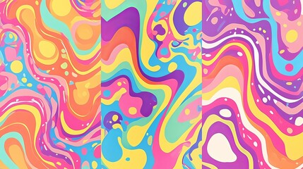 Obraz premium A series of retro-style swirl patterns in green, purple, and pink