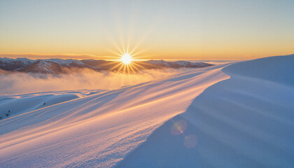Pristine snowbank illuminated by golden sunrise light, peaceful winter landscape