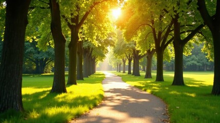 Naklejka premium Serene Pathway Through Sun-Drenched Green Canopy, Leading to a Peaceful and Tranquil Destination
