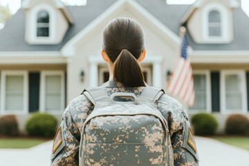 Family reunion portrait of a soldier returning home to suburban neighborhood