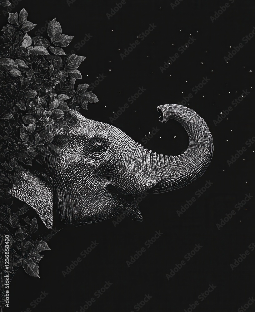 Poster monochromatic close up of an elephant's trunk and head, rendered in a pointillist style, set against