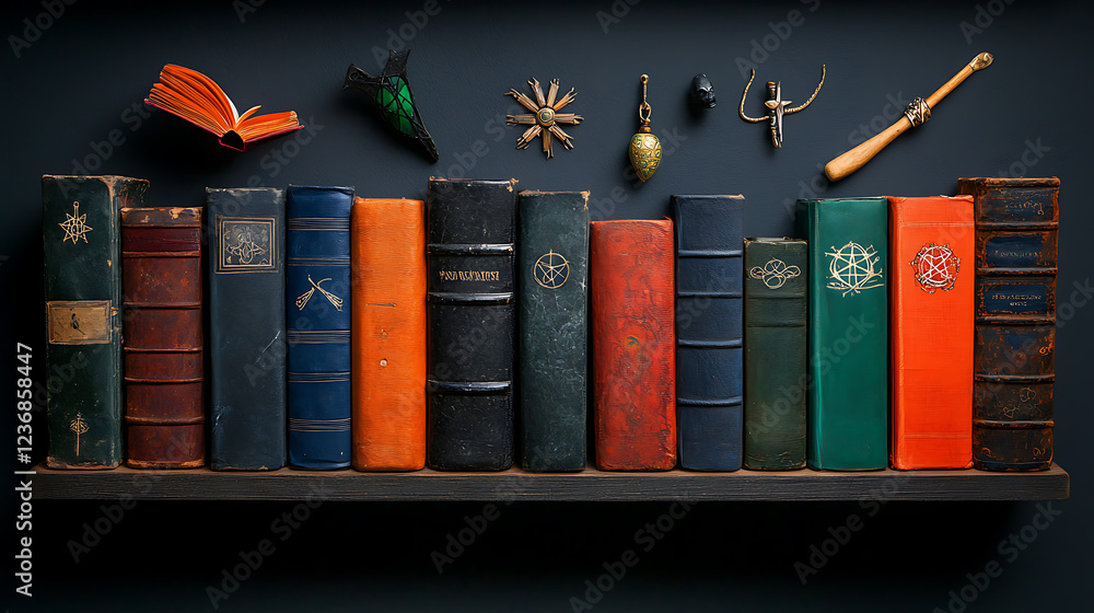 Poster exploring the mystical bookshelf of ancient grimoires enchanted library literary art captivating sha