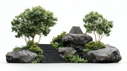A peaceful garden scene showcasing beautifully arranged stone steps, natural rocks, and vibrant, lush greenery in a tranquil landscape
