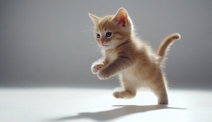 Obraz premium Playful ginger kitten leaps mid air against a light gray background. The kitten's fur appears slightly fuzzy, and tiny particles seem to surround it