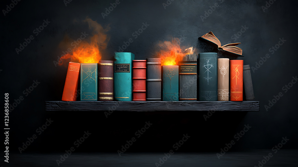 Poster mysterious arcane bookshelf glowing with enchanted light dimly lit library fantasy art captivating a