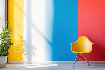 Brightly colored wall with modern chair creating a lively interior space during daylight