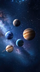 Exploring the vast beauty of the cosmos with five distinct planets against a backdrop of stars and galaxies