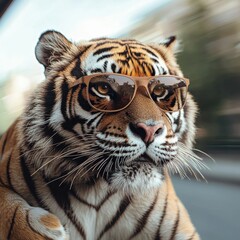 Tiger jogging in city park sporty sunglasses urban environment playful concept