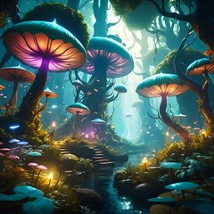 fantasy forest with glowing mushrooms and fairies