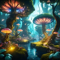 fantasy forest with glowing mushrooms and fairies
