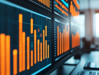 Obraz premium Data analysis on multiple computer screens.