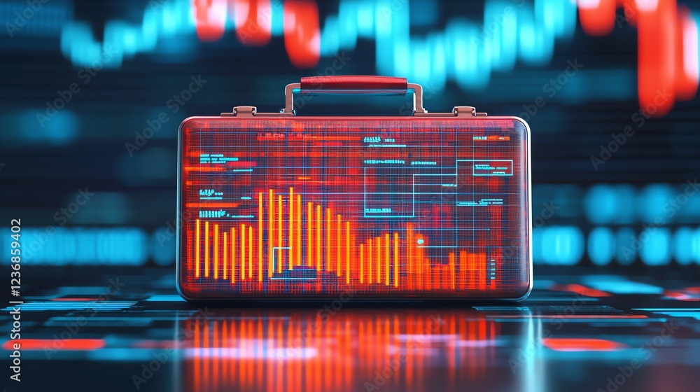 Poster digital briefcase with financial graphs and data.