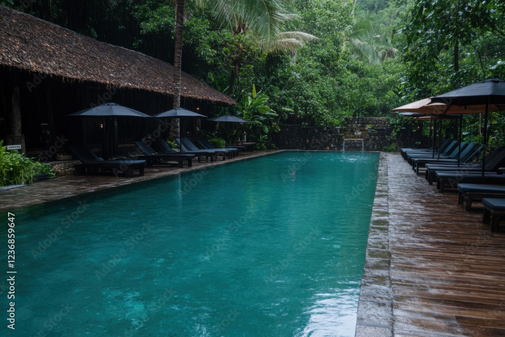 Aufkleber a pool with umbrellas and chairs is surrounded by trees and is wet from the rain