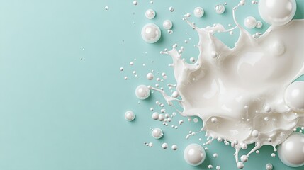 Splashing milk and floating pearls on a light blue background create an abstract and artistic composition in a studio setting