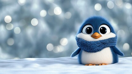 Cute blue penguin wearing a cozy scarf stands on snow while winter background sparkles, creating a cheerful atmosphere for seasonal celebrations