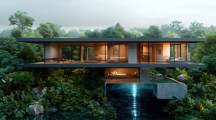 Innovative geothermal energy transfer visualization modern eco-friendly home natural environment aesthetic viewpoint sustainable architecture concept