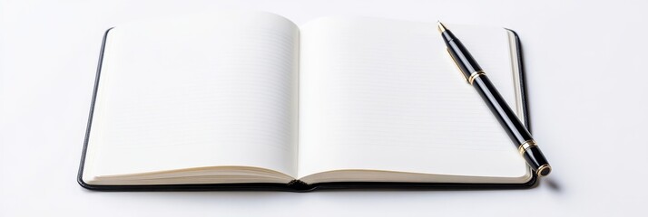 Naklejka premium Blank Notebook and Pen - Open notebook with blank pages and a black pen resting on a white background. Perfect for concepts of writing, planning, ideas, or new beginnings.