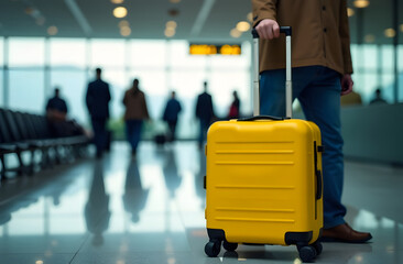 A man with a yellow suitcase in a modern airport terminal, rear view of a man heading to the boarding gate, ready to travel or vacation, a place to copy
