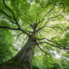 Fototapeta premium Majestic tree with a peaceful mood on a lush green background