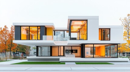 Modern daycare exterior, autumn leaves, bright interior