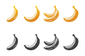 Banana Fruit. Set Of Banana. Simple artwork on isolated background. Black Silhouette.