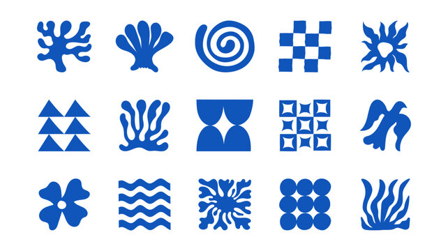 Vector modern art print elements in simple floral wavy and groovy naive style, ocean and vacation theme,  flowers and plants, floral botanic hand drawn design templates, modern art prints