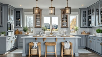 Modern farmhouse kitchen, interior design, light-filled space, view of neighborhood