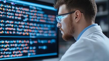 Fototapeta premium Focused scientist analyzing data on computer screen.
