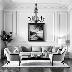 Living room with elegant black and white design, sophisticated atmosphere, featuring classic artwork