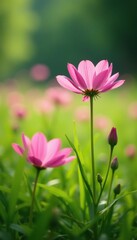 Fototapeta premium Soft petals of pink flowers sway gently in the breeze amidst lush green grass, flowers, blooming, morning