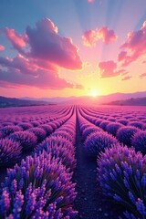 Fototapeta premium Soft pink hues dance across the sky as a summer sunset descends upon a sea of purple lavender fields, field, golden light, blue sky