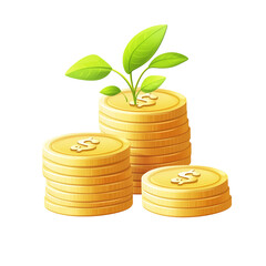 Stacks of Coins with Growing Plants, Isolated on Transparent Background
