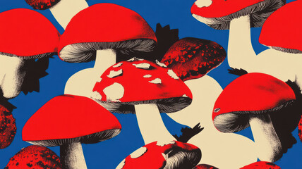Mushrooms adorned with vivid red caps and unique patterns burst against a bold blue background, embodying the lively color palettes of the 60s, 70s, and 80s