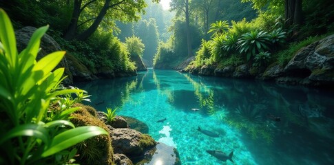 Lush vegetation surrounding crystal clear aqua water, aquatic life, plants