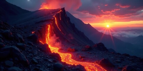 Lava flows down a steep mountain slope at dusk, molten rock, dark sky, sunset