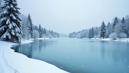 Fototapeta premium Frozen lake in winter with snow-covered trees, Serene environment, Trees