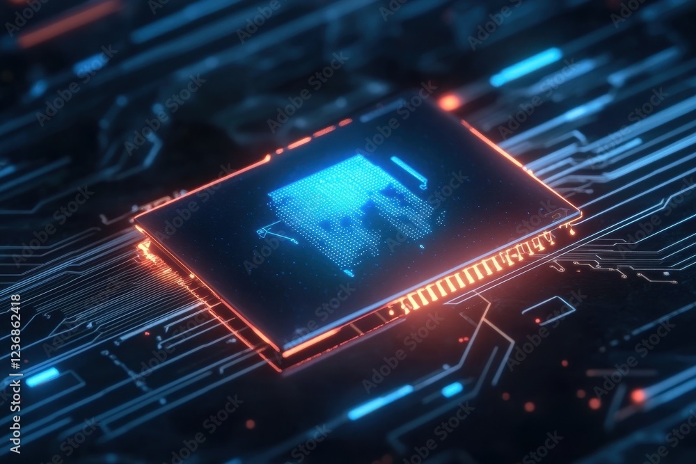 Poster circuit board design featuring a glowing microchip with digital elements and patterns