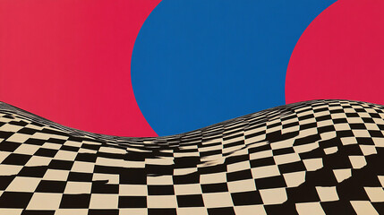 Vibrant abstract landscape blends checkered patterns with vivid circular shapes, capturing the playful spirit of graphic design trends from the 60s to the 80s