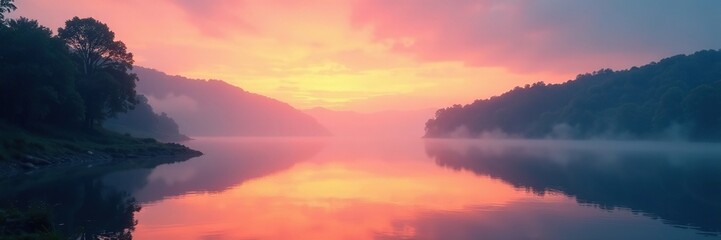 Soft light falls across the river's calm waters as morning breaks, riverbank, twilight, misty