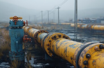 Rusty industrial pipe and valve in foggy landscape.