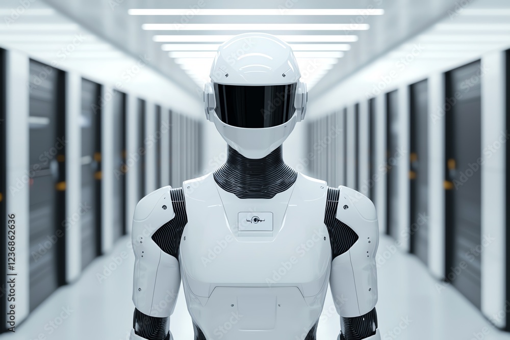 Poster futuristic robot in a modern data center.
