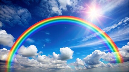Bright Rainbow Arching Over Clear Blue Sky with Fluffy Clouds