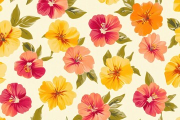 Fototapeta premium Seamless pattern of vibrant hibiscus flowers with green leaves interwoven between the blooms. Perfect for adding a touch of tropical elegance to any design project, fabric, or home decor